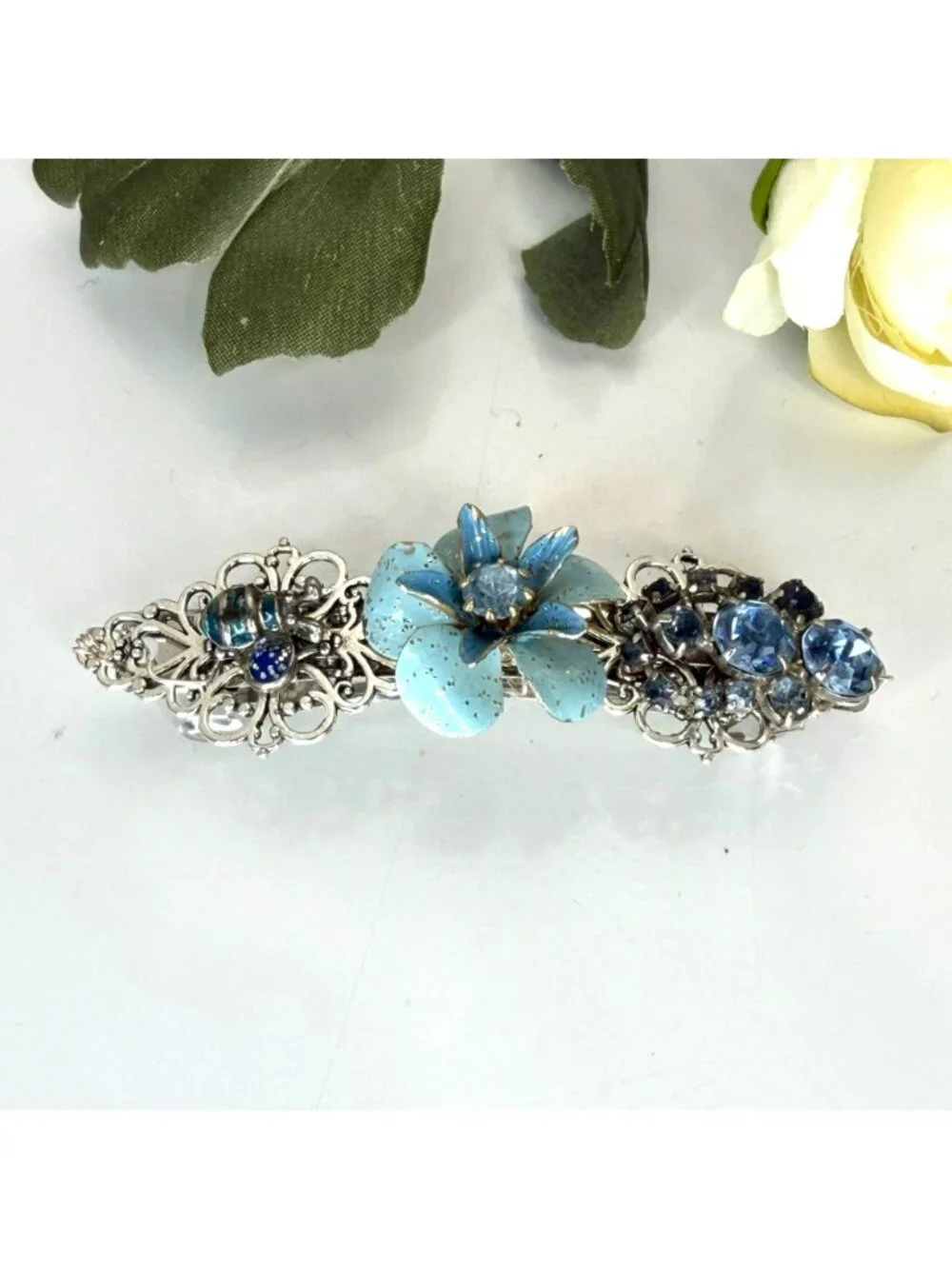 Blue Flower Barrette | Handmade Vintage Jewelry Hair Clip | One of a Kind Floral